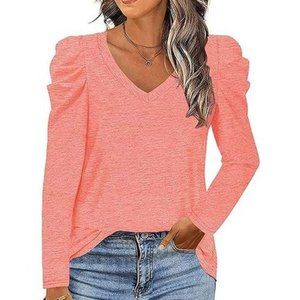 Pink V-Neck Long Puff-Sleeve Top XXL NWOT